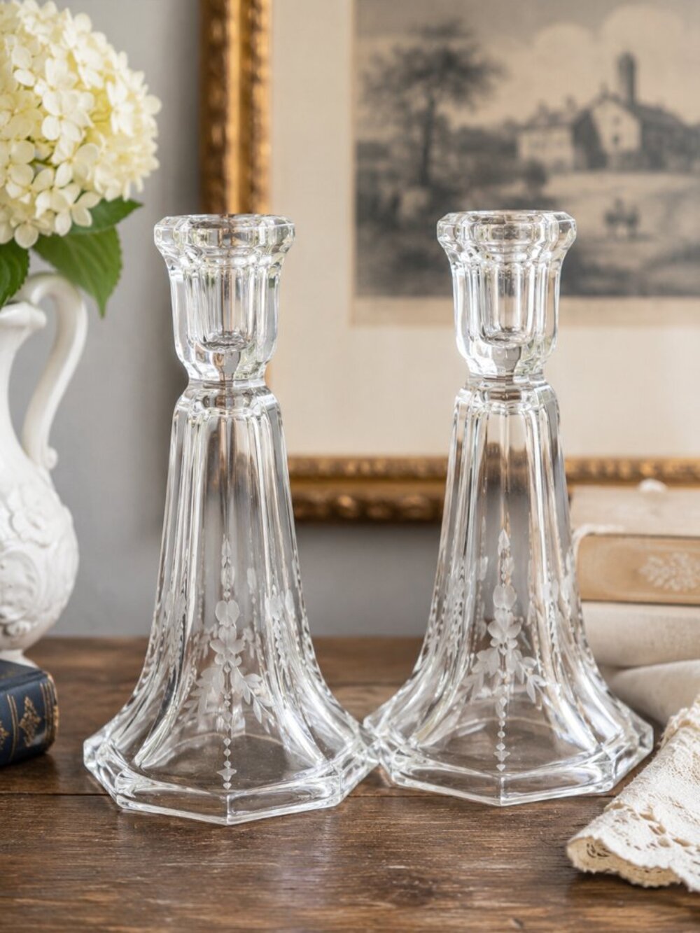Antique Heisey Etched Crystal Candlestick Holders Pair Skirted Panel Hexagonal